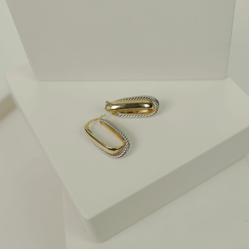 Two-tone oval hoops with a twisted cable section on white studio blocks.